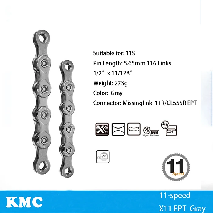X11EPT gray KMC велосипедная цепь X8 X9 X9sl X10 X10sl X11SL X12 велосипедная цепь для Shimano/SRAM 8 9 10 11 12 Скоростей 116л MTB шоссейные велосипедные цепи часть - Цвет: X11EPT gray