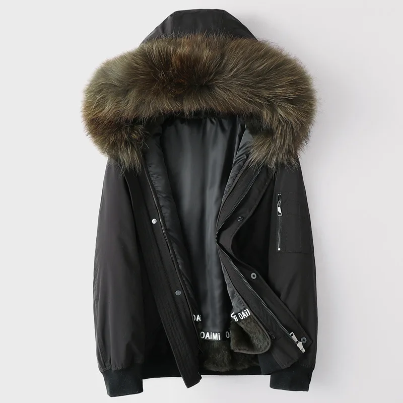 black army green fur Пальто из натурального кроличьего меха для мужчин, куртка из овечьей шерсти, зимние парки с воротником из меха енота, зимняя верхняя одежда, теплая ветровка, 5XL - Цвет: black army green fur