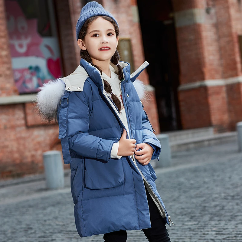 Children's down jacket girls long section hooded coat new Korean version of the thickening girl winter coat kids outerwear - Color: Blue