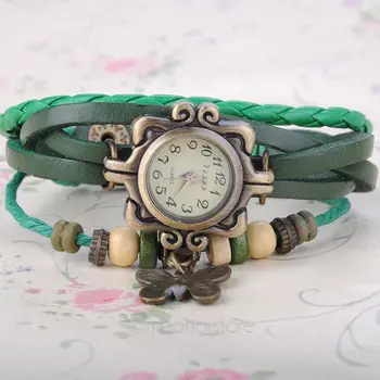 

Women Vintage Retro Multi-Layer Braided PU Leather Beads Butterfly Bracelet Watch Quartz Wrist Watch