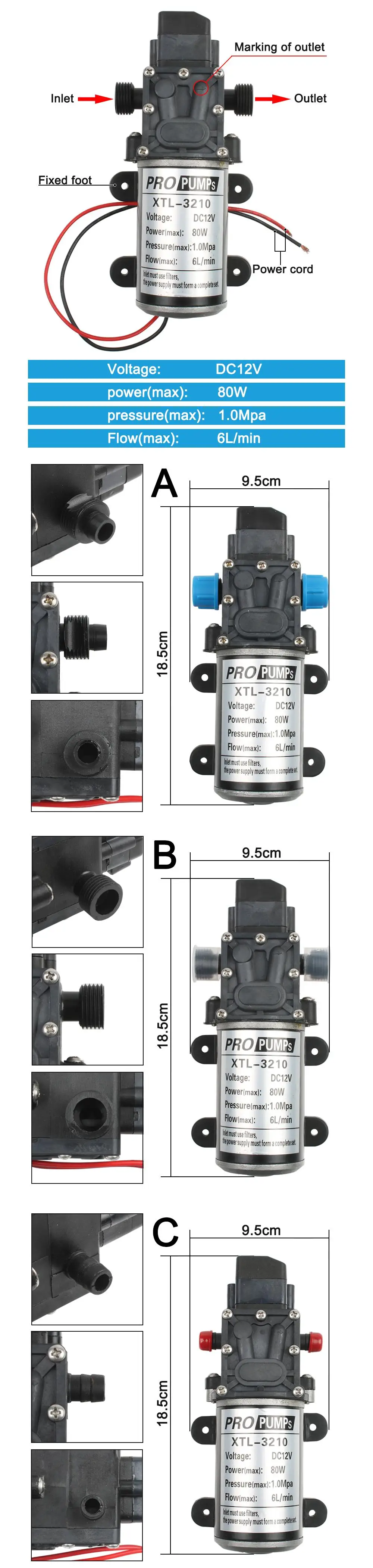 80 Вт Электрический мембранный pump12V самовсасывающий DC с переключателем давления, микро насос для мойки автомобилей высокого давления