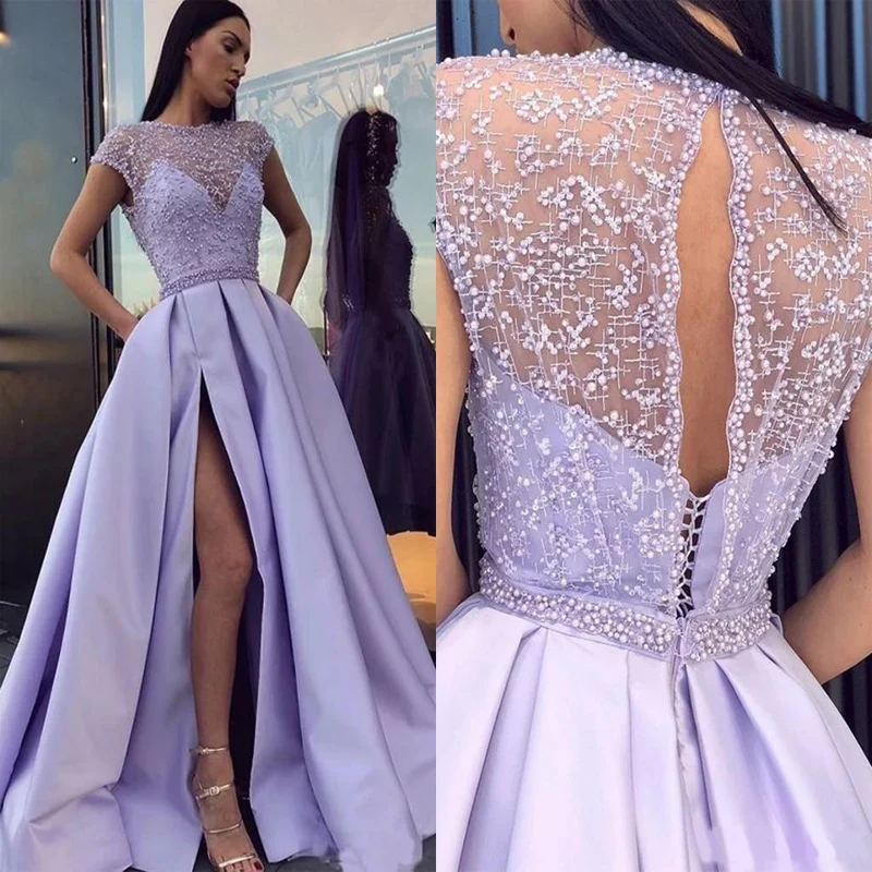 Lavender Evening Dresses Bateau Cap Sleeve Hollow Back Thigh High Slits Pearls Major Beading Long Formal Prom Party Gowns vestid | Свадьбы и