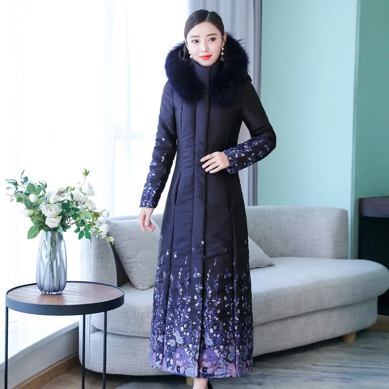 

Long down Jacket Cotton-padded Clothes Korean-style Slim Fit Printed Cotton-padded Jacket Large Fur Collar Thick Cotton Overcoat
