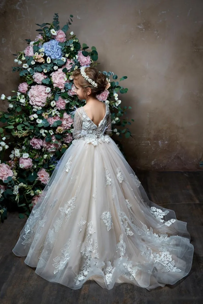 Платья с длинными рукавами для девочек, держащих букет невесты на свадьбе; кружевные платья с перьями для маленьких детей; платье для первого причастия на заказ