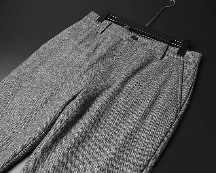 calças para homens café herringbone lã tweed calças masculinas retro cinza usar cavalheiro calças plus tamanho para homem calças