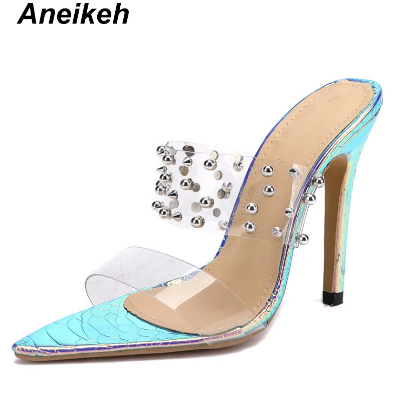 

Aneikeh New Summer Shoes Woman Rivet PVC Transparent Slippers Open Toe Perspex Heel Women High Heel Crystal Women's Shoes flip f