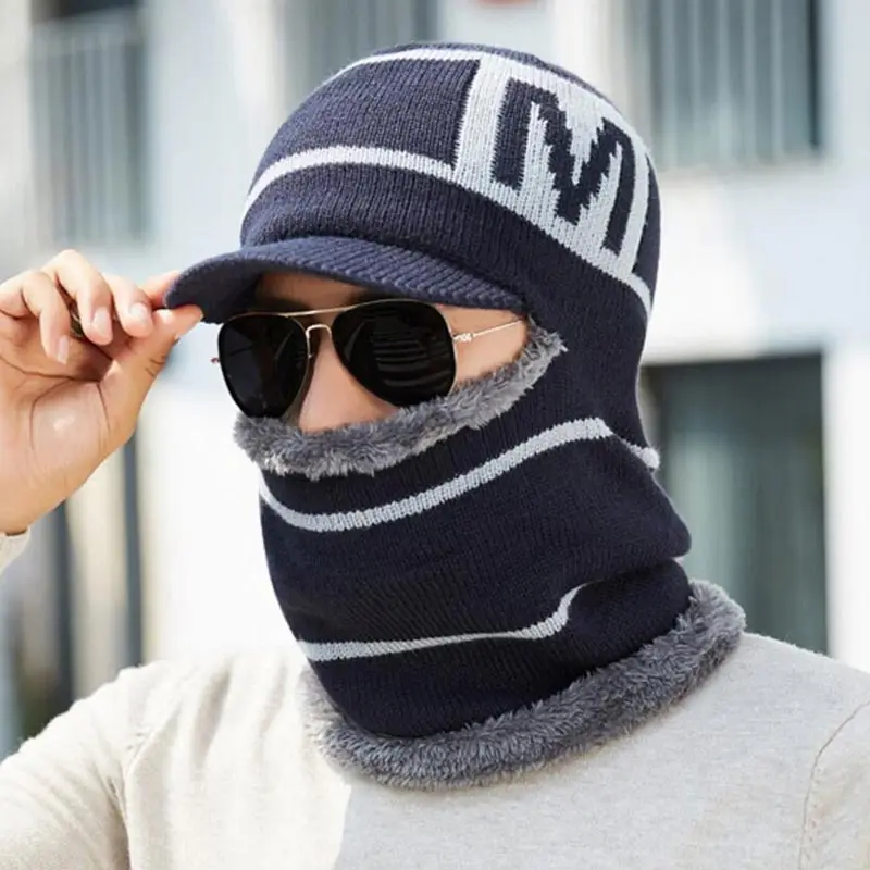 Winter Men Hat And Scarf Set Male Warm Plush Hooded Cap Scarves With Brim Knit Visor Beanies Balaclava Adult Stripe Bonnet
