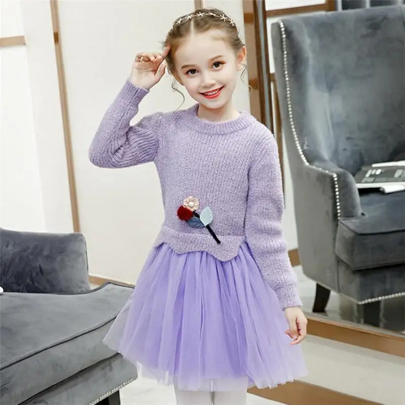 purple 9691 Одежда для маленьких девочек; сезон осень-зима; Сетчатое лоскутное вязаное праздничное платье принцессы с длинными рукавами; Повседневное платье для маленьких девочек; K114 - Цвет: purple 9691