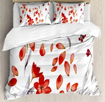 

Floral Duvet Cover Set Autumn Flowers and Leaves Petals Illustration in Watercolors Painting Artwork 3 Piece Bedding Set Purpleg