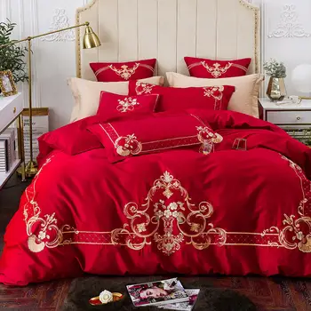 

4/6/7 Pieces Wedding red Bedding Set Golden Embroidery/satin Bed Set household Bed linen Queen King size Bed High-grade Bedding