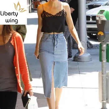 

European Hot Sale New Fashion High Street Womens A-Line Fur Trim Knee Length Skirt Female Denim Jean Falda Saia Split Large Size