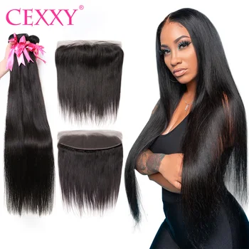 

CEXXY Straigth Bundles With Frontal Brazilian Hair Weave Bundles With 13x4 Frontal Swiss Lace Human Hair Extension Natural Color