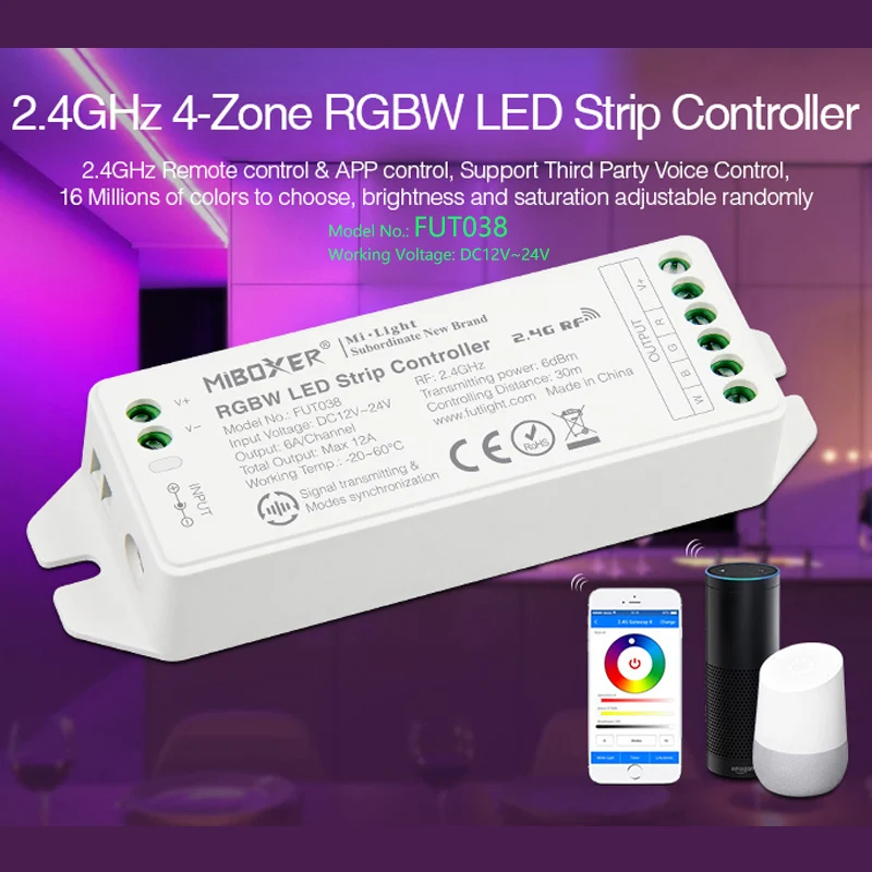 

FUT038(upgrade)2.4G 4-Zone RGBW LED Strip Controller DC12~24V dimmable driver 6A/Channel Common anode can remote/voice control