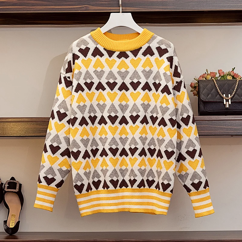

L-4XL Plus Size Sweater Women Winter Clothes 2019 Vintage Heart Patterns Long Sleeve Loose Casual Pullover Knitted Sweaters