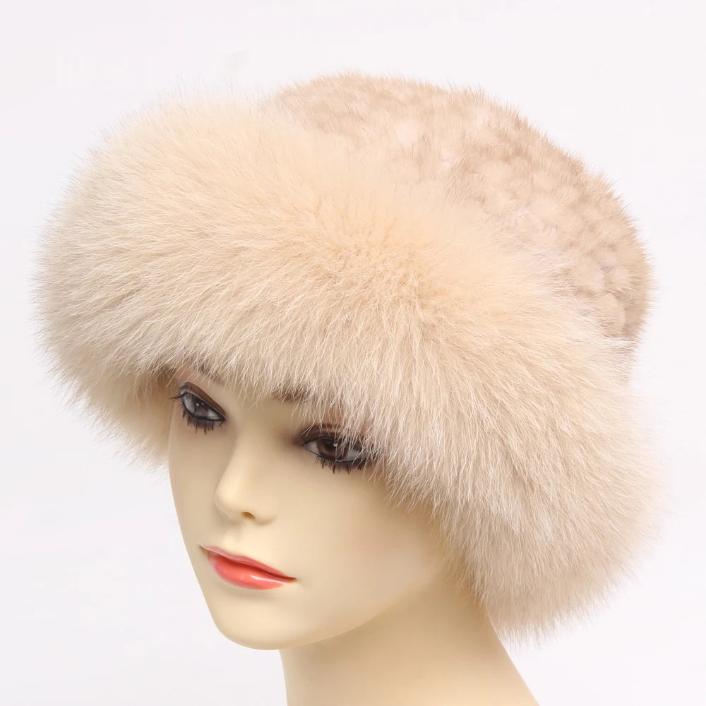 Winter Knitted Real Mink Fur Hats Luxury Natural Real Fox Fur Cap Ladies Winter Warm Fluffy Casual Natural Genuine Fur Hats - Цвет: beige