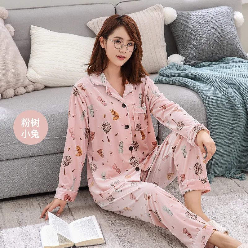 Autumn and Winter Newest Gold Velvet Pajamas Women's Couples Long-sleeved Suit Men and Women Cardigan Casual Home Clothes - Цвет: 13