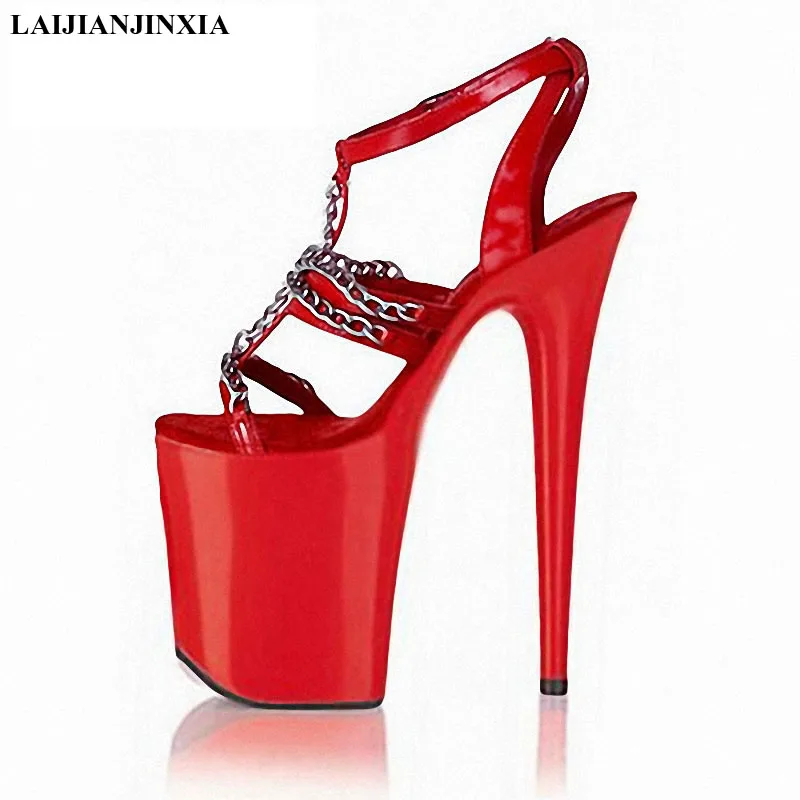 

LAIJIANJINXIA New red sandals metal chain Roman 23 cm super high heels Sandals Thin Heels wedding shoes hollow out Women Shoes