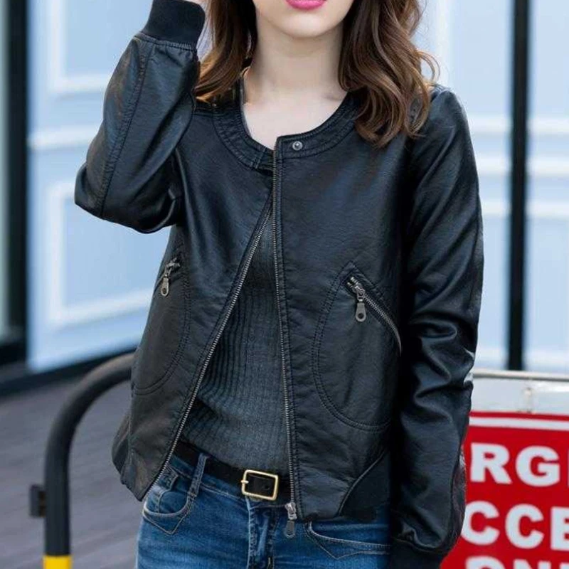 

Motorcycle Coat Short Faux Leather Jacket Biker Women Female 2019 Solid Zipper Outerwear Spring Outwear Casacos Femininos Black