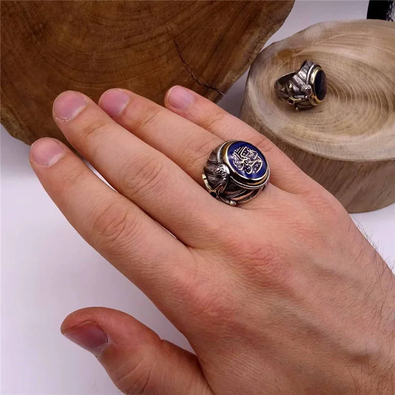 2020 Retro Zinc Alloy Crystal Inlaid Ring for Men Muslim Religious Rune Flower Ring Accessories