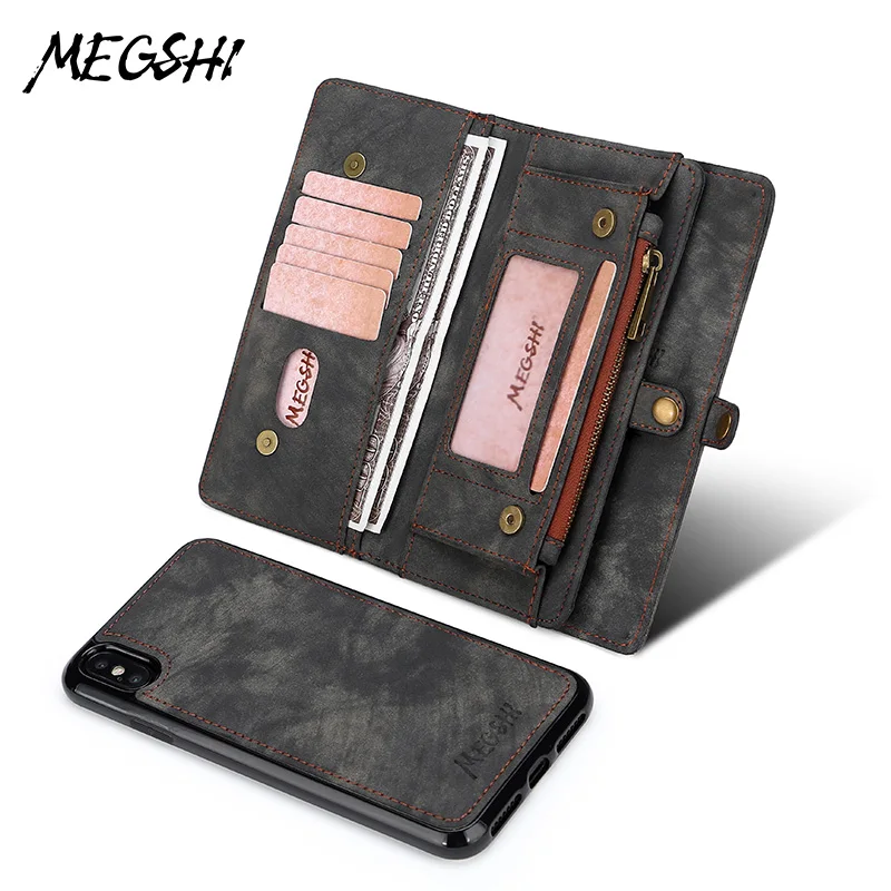  MEGSHI Multifunctional Wallet Case for iPhone x max Zipper Magnetische Telefon Fall Folio Flip Abde