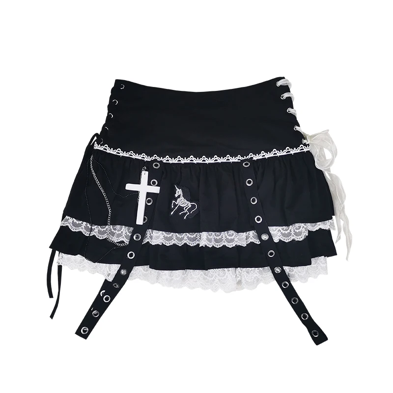 Hot Girl Y2K Cake Skirt Sweet Cool Girl High Waist A-line Skirt Gothic Harajuku Punk Black Lace Short Skirt Suit