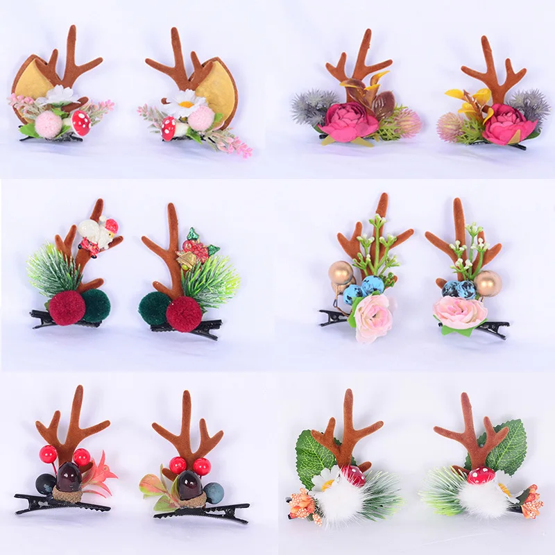 

2 Pcs/set Holiday Gifts Party Fairy Antler Hair Clip Christmas Print with Clips for Girls Hair Bows Hair Accessories Hair Pins
