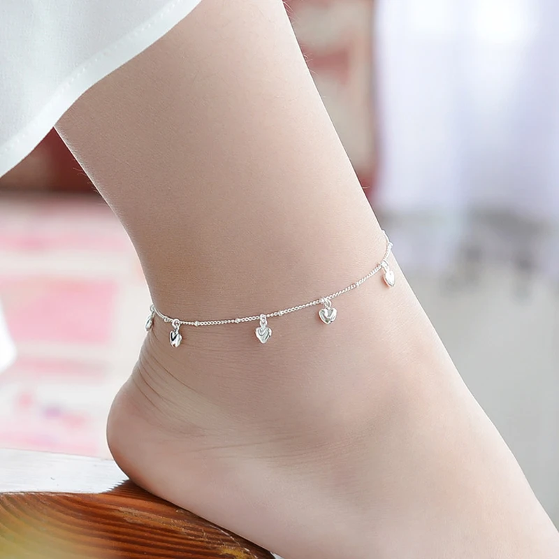 New Fashion 925 Sterling Silver Simple Exquisite Heart Pendant Anklets Women Jewelry Birthday Gift Summer Foot Chain Bracelets