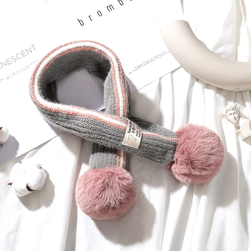 Children Knitted Winter Cashmere Soft Scarf Baby Boys Girls Lovely Fur Pom-pom Neckerchief Neck Warmers