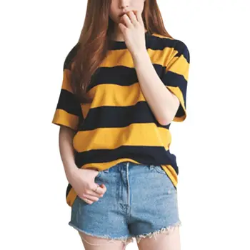 Camiseta de verano para Mujer, playera a rayas amarillas y negras con cuello redondo, Camiseta holgada de media manga, Tops informales