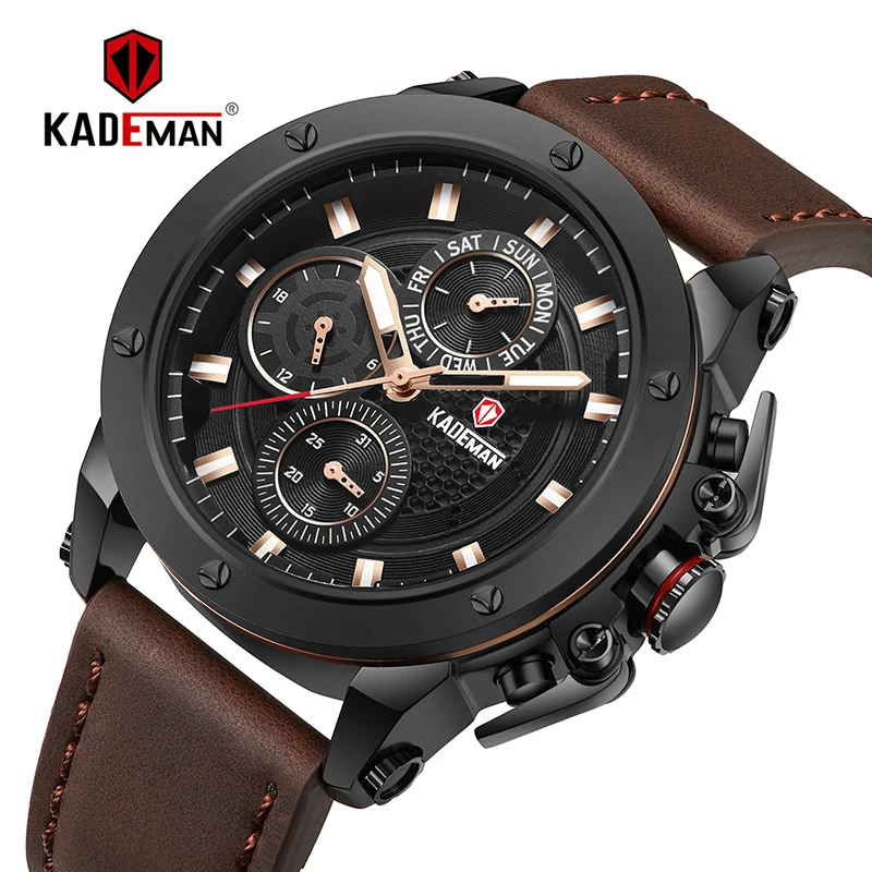 KADEMAN, мужские Бизнес кварцевые наручные часы, 6 стрелок с функцией, кожаный ремешок, топ, роскошный бренд, водонепроницаемые, Relogio Masculino, 116 г