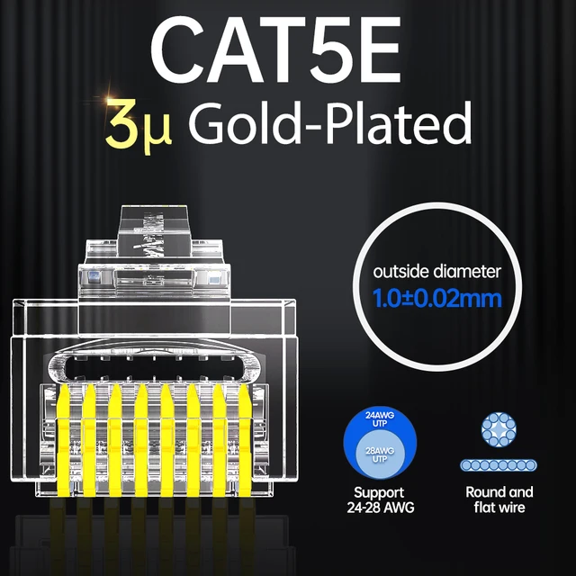 AMPCOM CAT6 CAT5E Pass Through RJ45 Modular Plug Network Connectors UTP 3/50μ Gold-Plated 8P8C Crimp End for Ethernet Cable CAT5E 3U