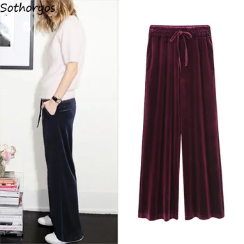 

Pants Women Large Size Pleuche Winter High Waist Drawstring Loose Full Length Soft Wide Leg Pant Womens European Style Trousers