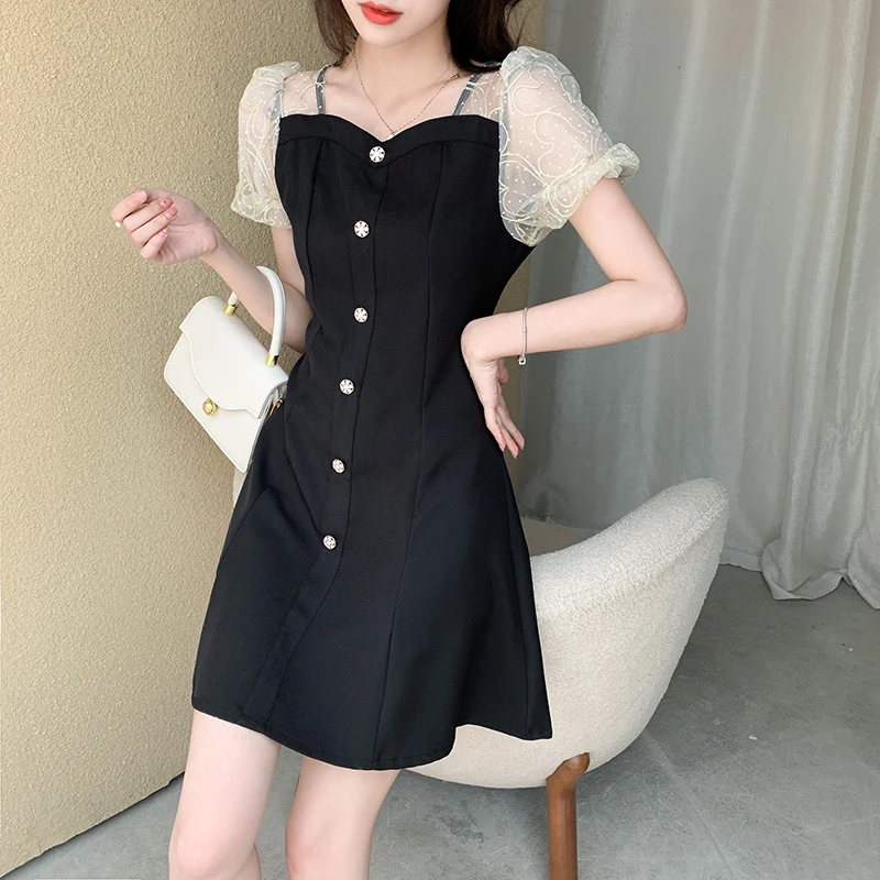 

Black Dress French Retro Square Neck Puff Sleeve Dress Female Summer Mesh Stitching High Waist Thin A-line Mid-length Dress