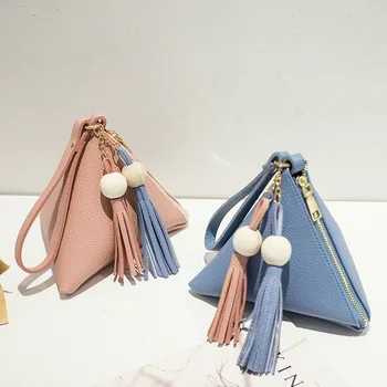 

Cute fringe hanging leather triangle handbag Mini triangle women's handbag zero wallet women's handbag leisure mobile phone bag