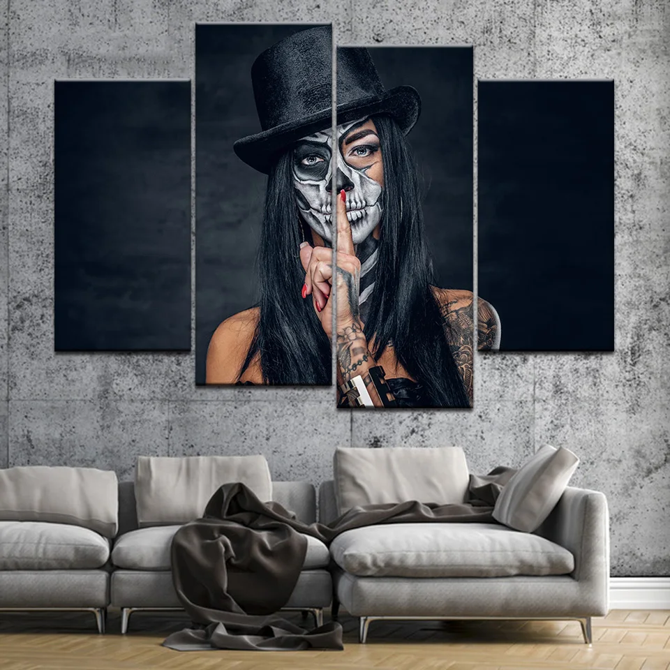 

Canvas Painting Girl Skull Tattoos 4 Pieces Wall Art Painting Modular Wallpapers Poster Print Home Decor No Frame