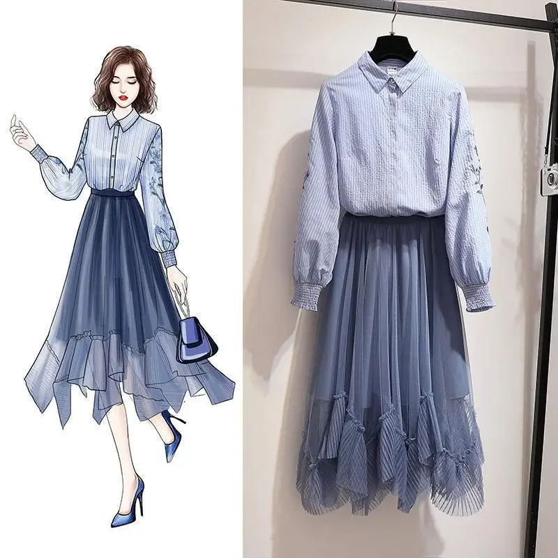 

New 2019 Spring Summer Women Casual Suits Female Shirts Tops + Lace Mesh Patchwork Skirt Sets Lady Slim Clothing Two Pieces X34