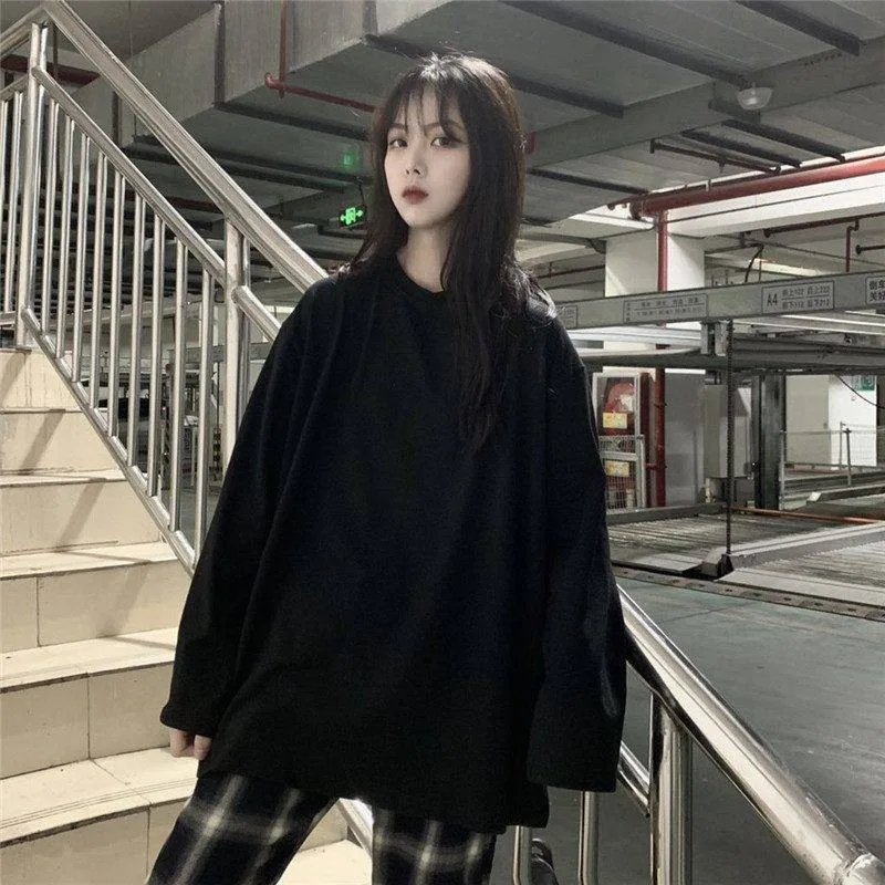 Корейская Ulzzang однотонная свободная футболка оверсайз Женская Повседневная футболка с длинным рукавом женский o-образный вырез пуловеры футболка модные свитера футболка