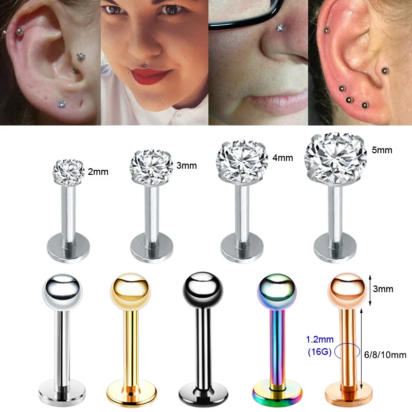 8pcs Black Zircon Crystal CZ Barbell Nose Lip Ear Piercings Helix Tragus 16g
