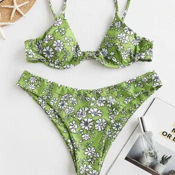 

Women's Sling Floral Nylon Triangle Bikini Swimsuit Vacation Swimming with Chest Pad No Steel Bra