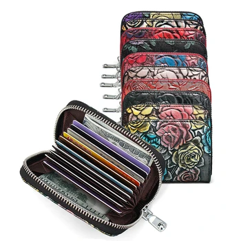 

RFID Retro Painted Pattern Card Holder Fashion Women's Multi-Card-Slot Purse Leather Zipper Small Card Holder Coin Purse