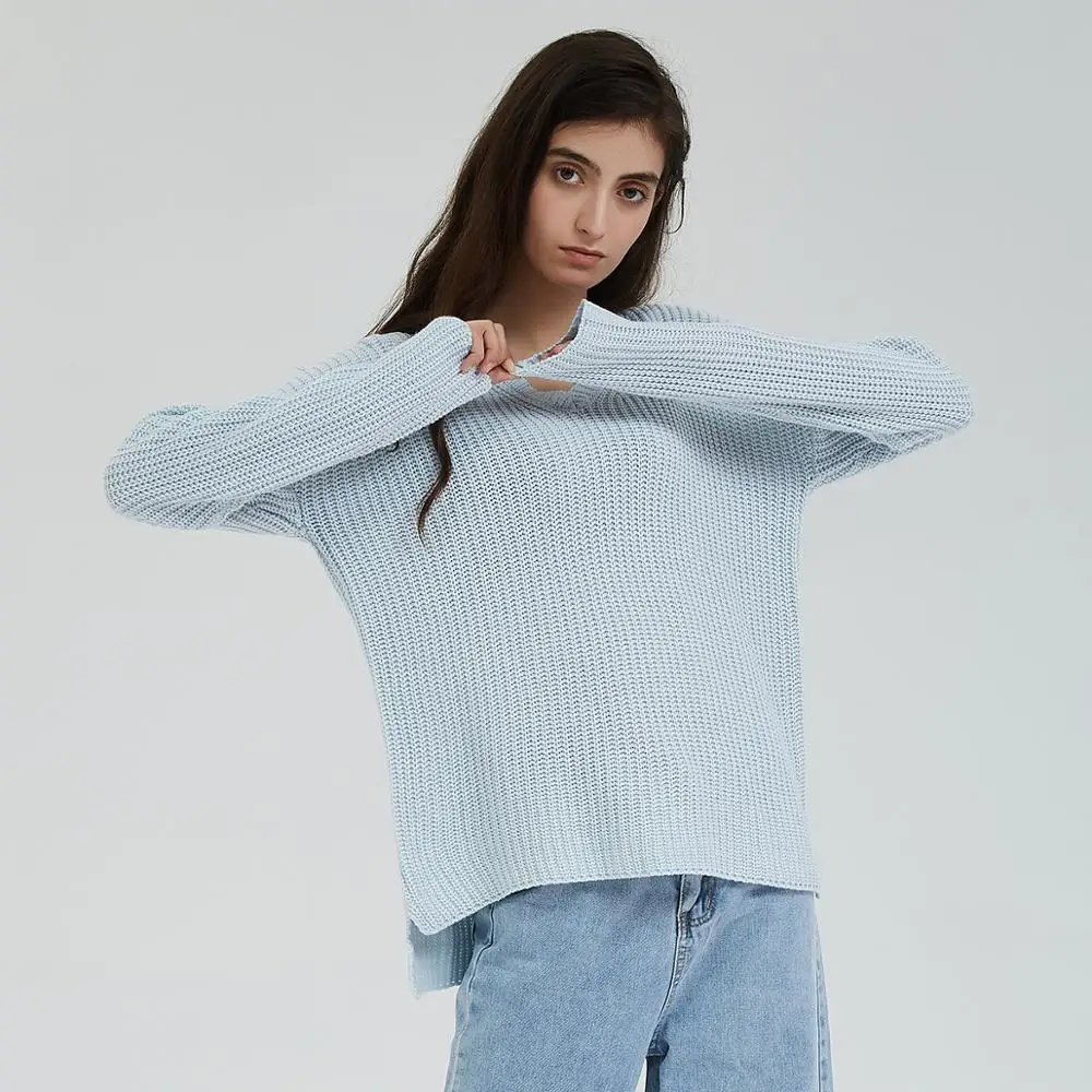 Skup Wixra damski sweter na drutach z długim rękawem solidny luźny pulower jesienno zimowy dekolt w serek luźne swetry damskie moda damska odzież