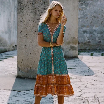 

2018 Summer Ladies Long Dress Gypsy Wisteria Floral Print Boho Midi Dress Women V neck Single-Breasted Button Short Sleeve Dress