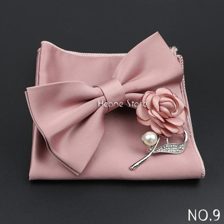 Mens Wedding Bow Tie Brooch Set Romantic Solid Color Silk Polyester Jacquard Woven Bowtie Lapel Pin Hanky Men Gifts Accessories