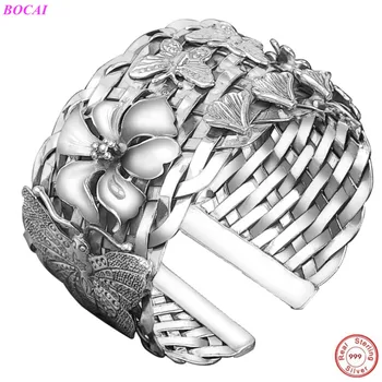 

BOCAI S999 sterling silver women's bracelet retro elegant temperament personality wide weave Butterfly opening adjustable Bangle