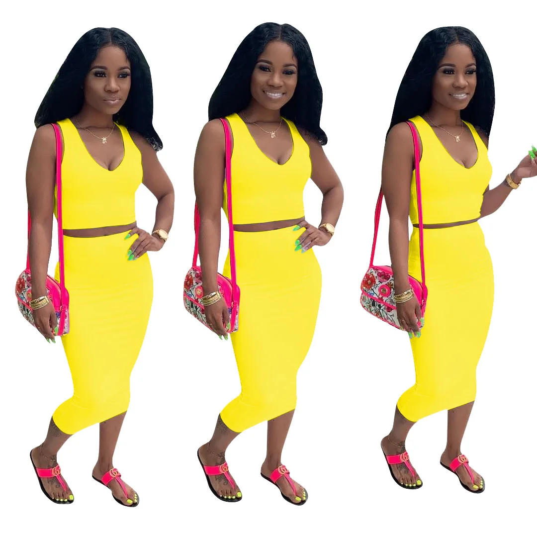 2019 hot selling European and American women's casual solid color sleeveless V-neck skirt suit long | Женская одежда