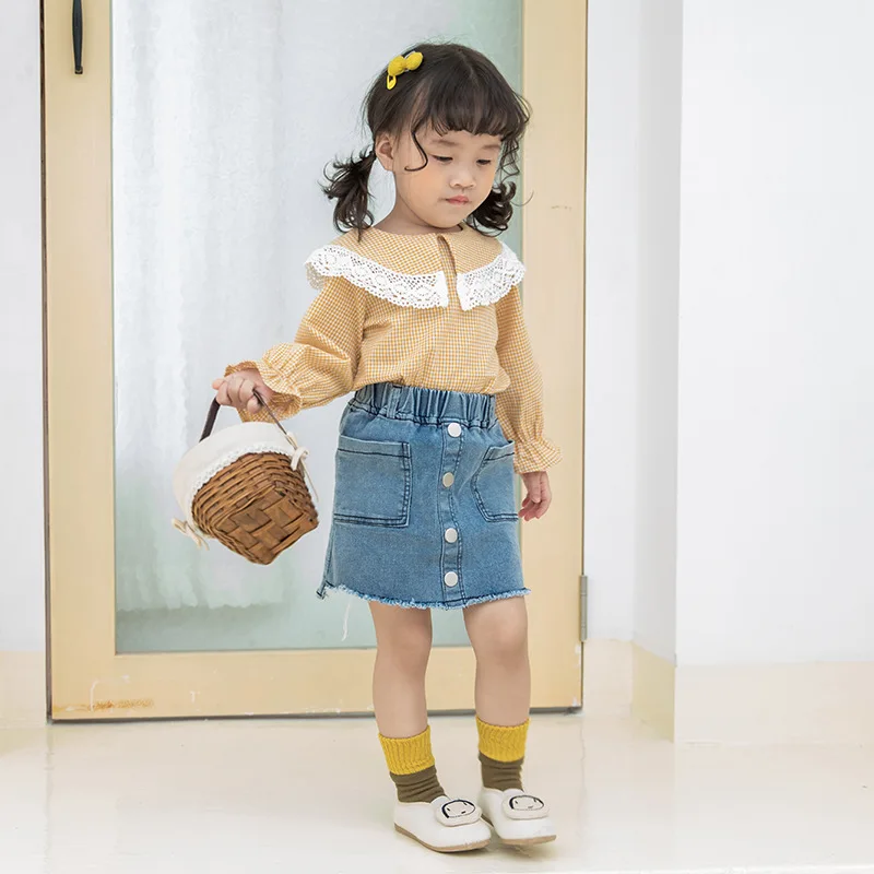 

Autumn New Style Childrenswear GIRL'S Shirt Lace Debutante-Style Baby Plaid Long-sleeved Upper Garment