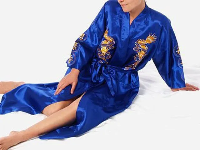 Navy Blue Chinese Men's Satin Silk Robe Embroidery Kimono Bath Gown Dragon Size S M L XL XXL XXXL best silk pajamas