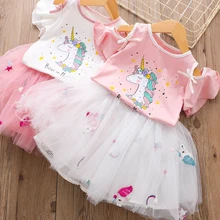 Комплект одежды с платьем с единорогом для девочек г. Летняя Милая футболка принцессы с единорогом для девочек+ газовое платье комплект из 2 предметов, одежда для детей от 3 до 8 лет
