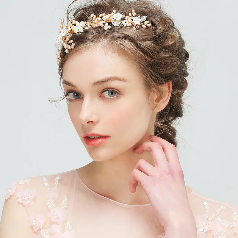 Golden Crown Pink Pearls Crystal Wedding Hair Accessories Fashion Women Accessories Tiara Romantic Headbands