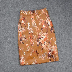 Spring New Designer Women's High Quality Genuine Leather floral Print Skirt Hot Chic High-rise Leather Pencil Skirt C152